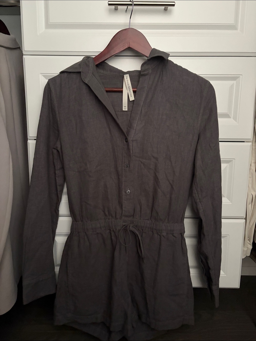 Babaton Charcoal Gray Collarless Linen Romper